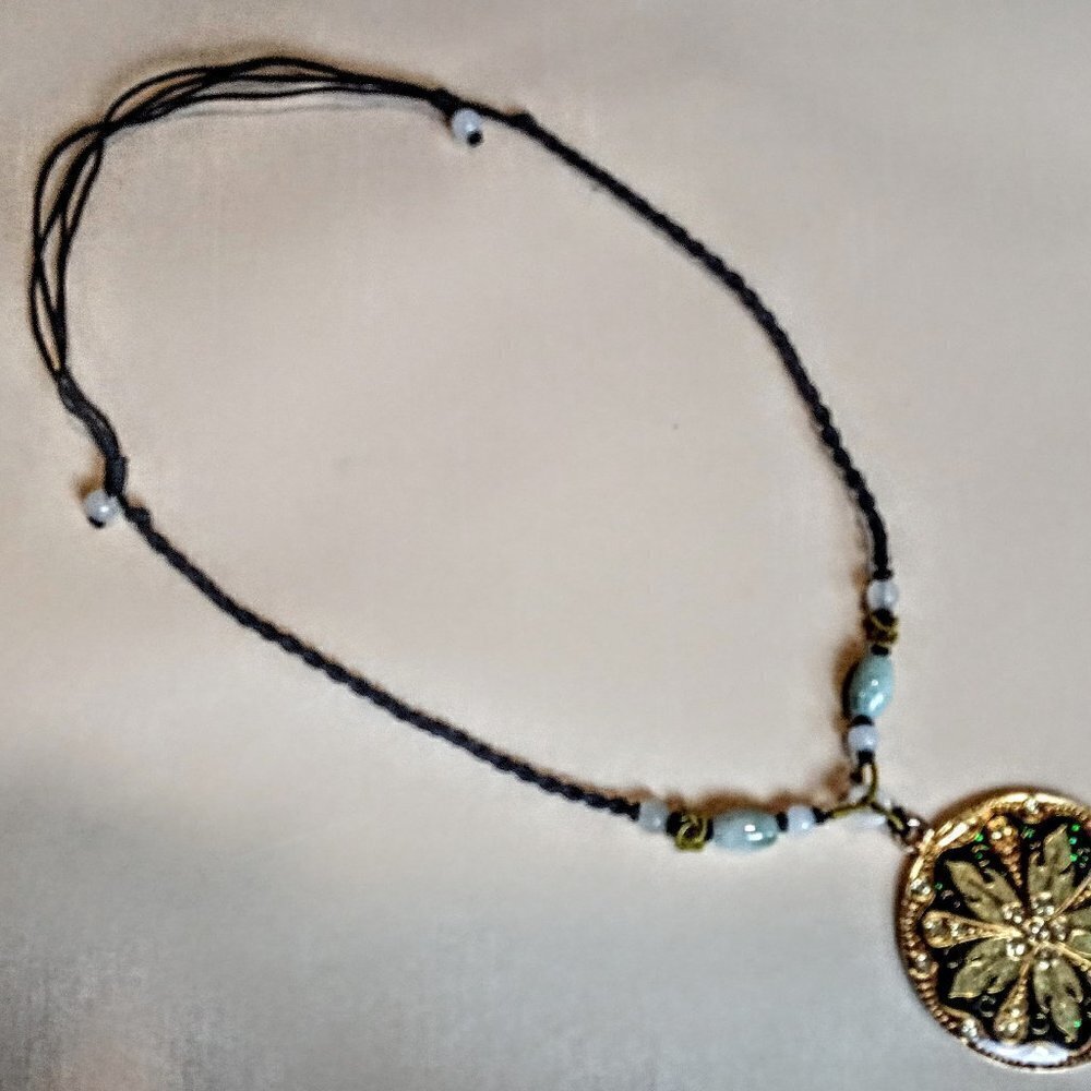 Chinese Glass Starburst Pendant Green Jade Beads Braided Silk Cord - Picture 6 of 6